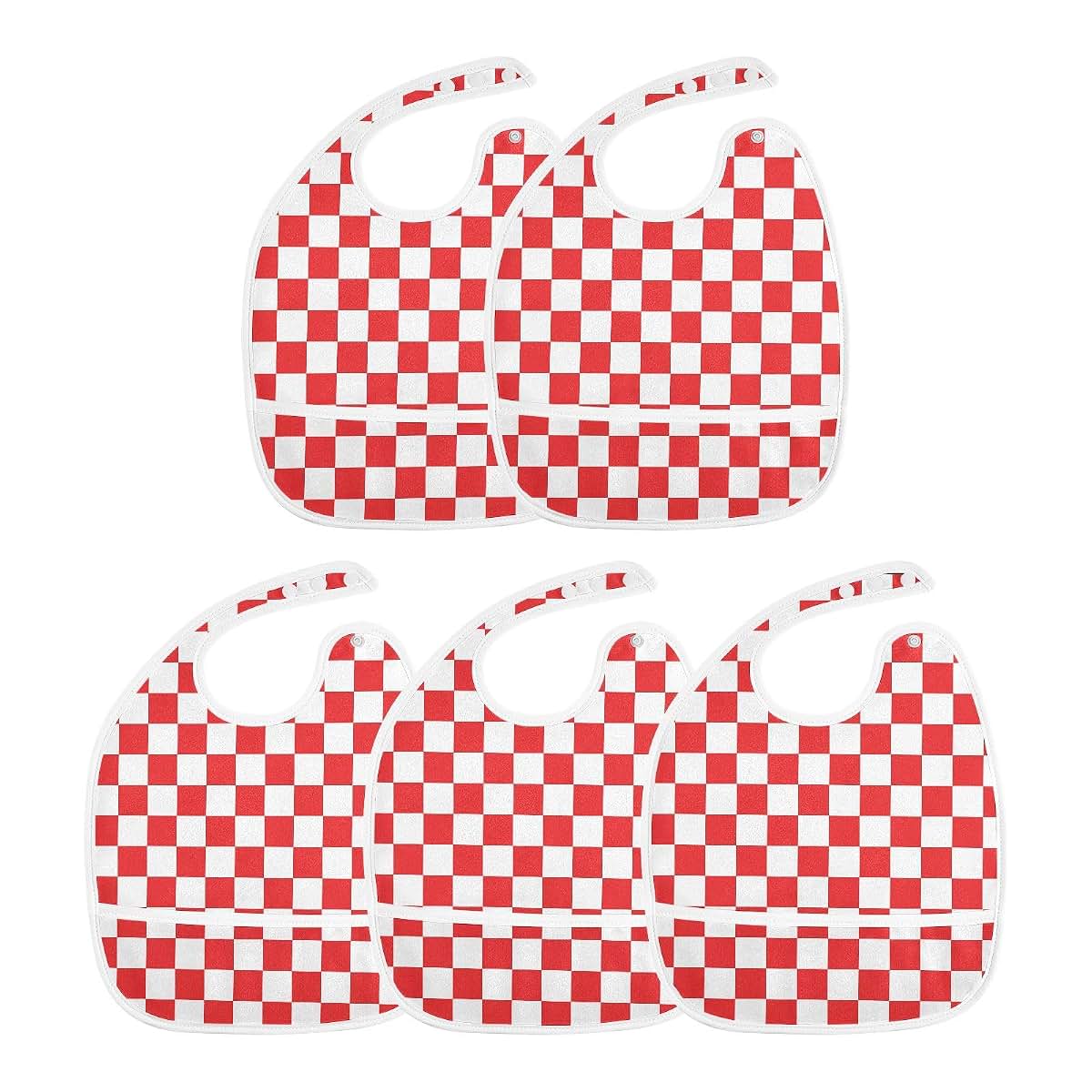 IHCVHQX Baby Feeding Bib with Catch-All Pocket and 3-Snap Closure, Red Checkered, 1 Pack