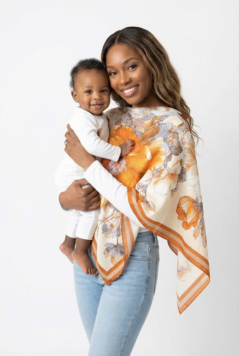 Le Veiléa 3-in-1 Silk Nursing Cover – 100% Silk Twill Breastfeeding Cover, Baby-Friendly, Converts to Poncho & Scarf –