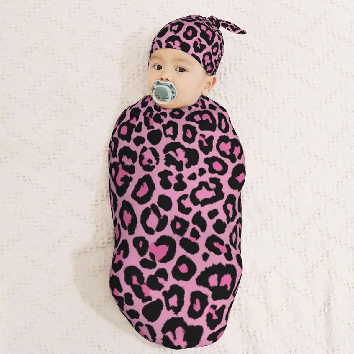 AuHomea Leopard Print Newborn Swaddle Blanket with Beanie Set, Adjustable Polyester Wrap for 0-6 Months