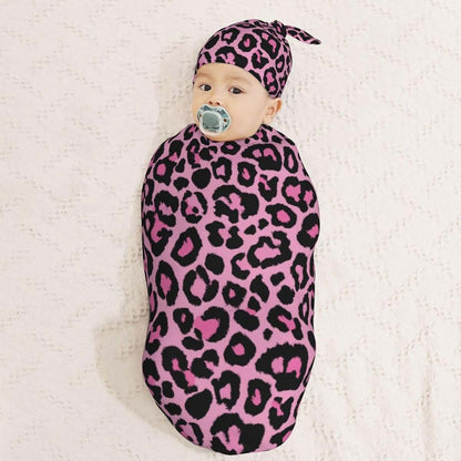 AuHomea Leopard Print Newborn Swaddle Blanket with Beanie Set, Adjustable Polyester Wrap for 0-6 Months