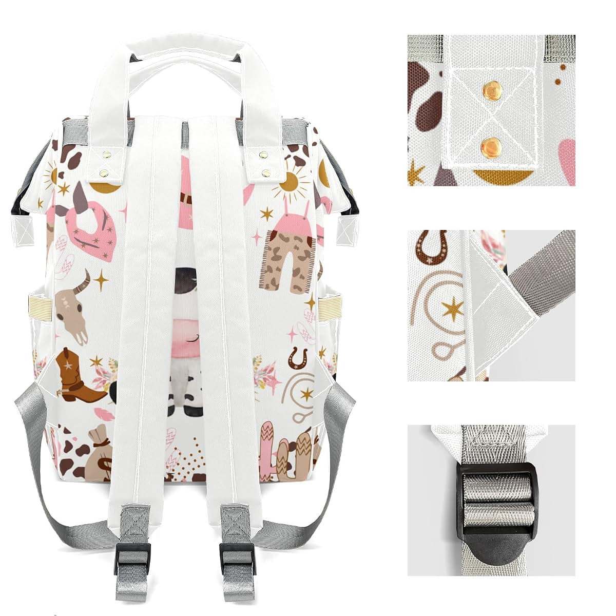 LiSoAkWE Cowgirl Western Cute Cow Personalized Diaper Bag with Name,Customized Nappy Backpack with Thermal Pockets (photo 4)