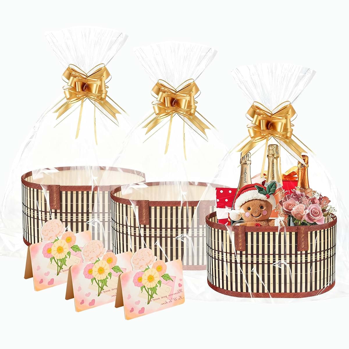 XONYOOM 3 Set Empty Gift Basket Large Baskets for Gifts Empty Foldable Woven Gift Basket with Handle for Baby Baptisms