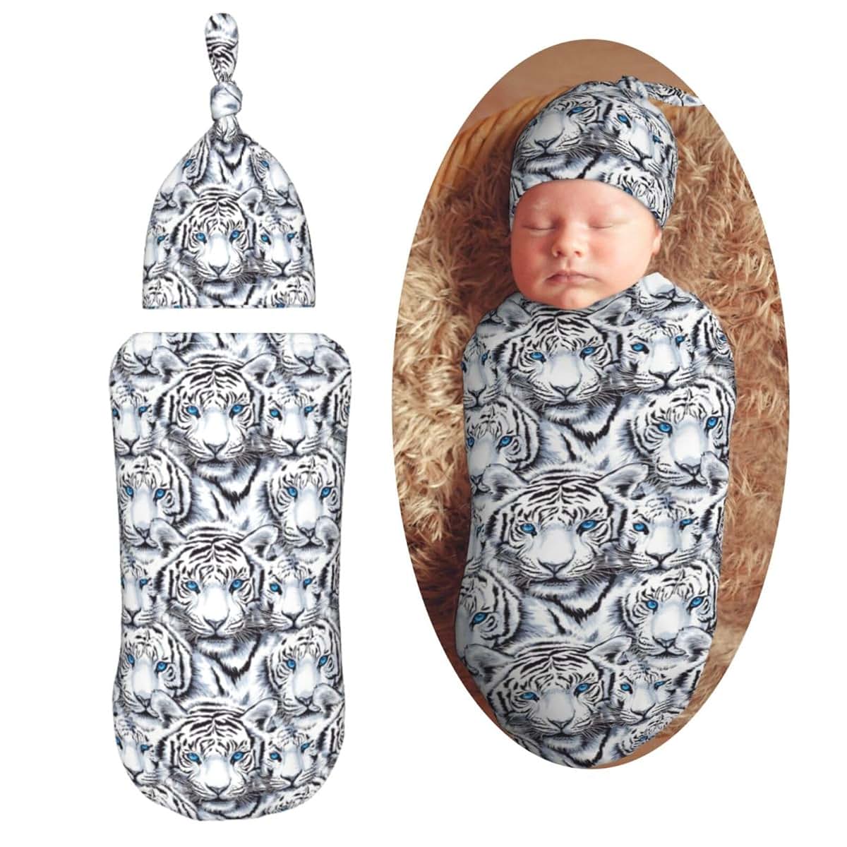 Muishi Tigers With Blue Eyes Newborn Swaddle Blanket and Hat Set, Soft Polyester Receiving Wrap for 0-6 Months