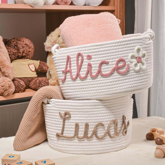 Gufacai Personalized Baby Gift Basket,Baby Girl Boy Rope Cotton Baby Shower Basket,Toys Basket,Custom Name Baby