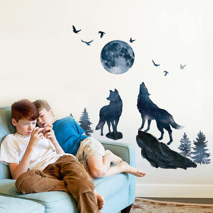 wondever Wolf and Moon Wall Decals Wolves Mountain Pine Trees Wall Stickers (photo 2)