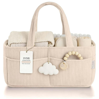 SVNR Baby Diaper Caddy Organizer - Corduroy Cream with Removable Dividers, 14x9x7 Inch