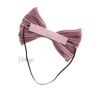 Motique Velvet Ribbed Baby Bow Headband On Thin Elastic - Pink