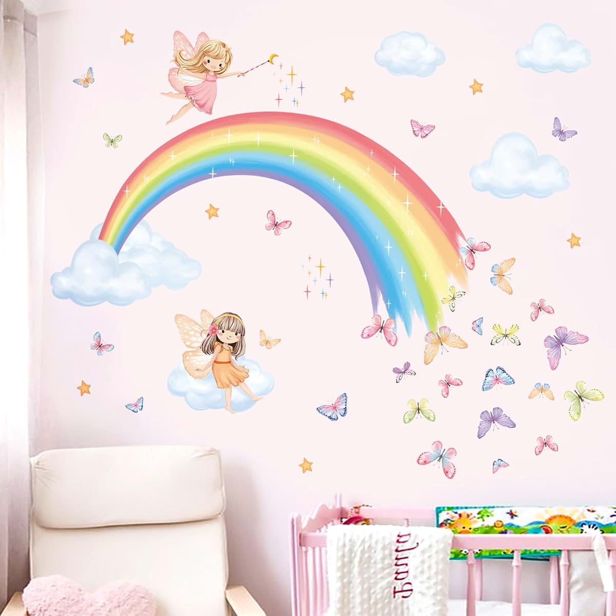 Decalmile Rainbow Fairy Butterfly Clouds Wall Decals Stickers | Peel and Stick Removable Wall Decor, 2 Sheets