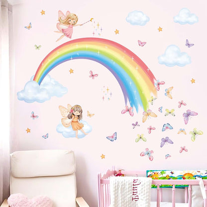 Decalmile Rainbow Fairy Butterfly Clouds Wall Decals Stickers | Peel and Stick Removable Wall Decor, 2 Sheets