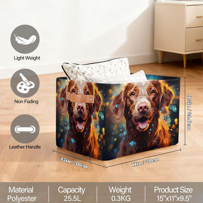 Ethebre Cute Animal Dog Painting Storage Basket with Leather Handles, Foldable 15x11x9.5 In