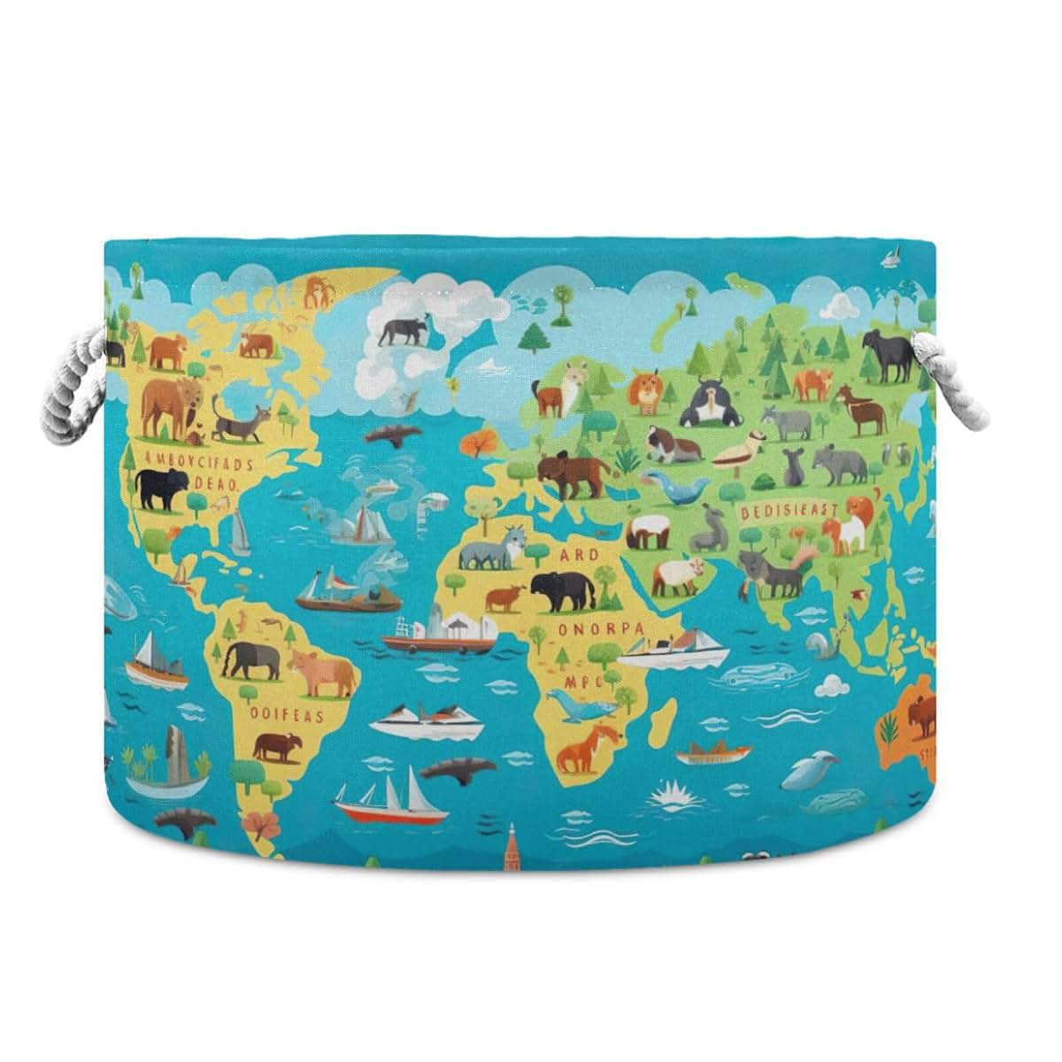 UMIRIKO Round Animals World Map Storage Basket with Handle