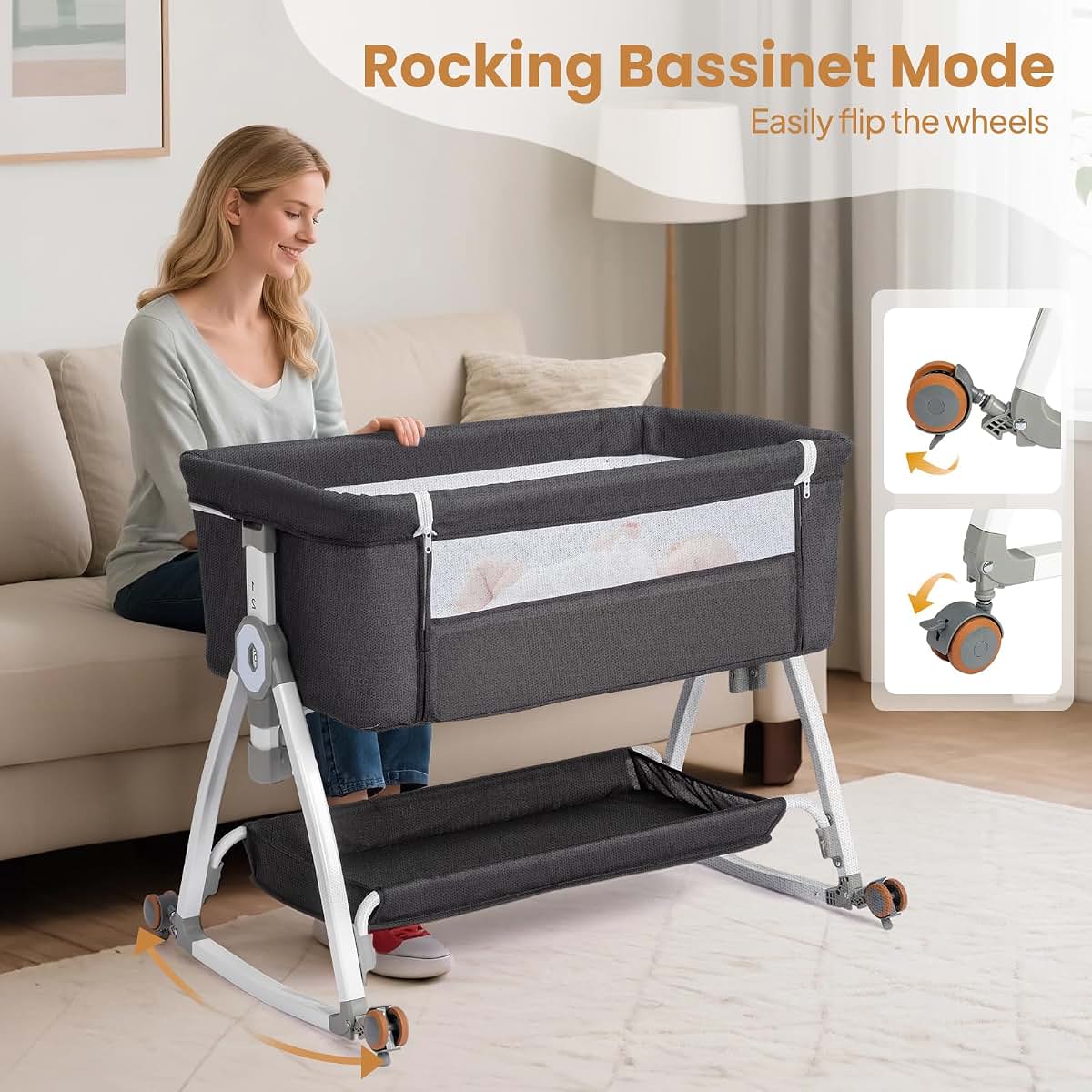 JOYMOR 3-in-1 Bedside Baby Bassinet, 6 Height Adjustable