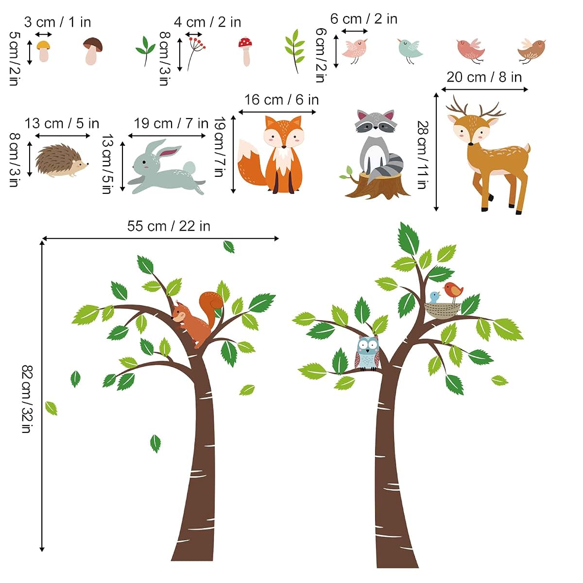 Decalmile Forest Tree Animal Wall Stickers for Nursery and Kids Room, 2 Sheets