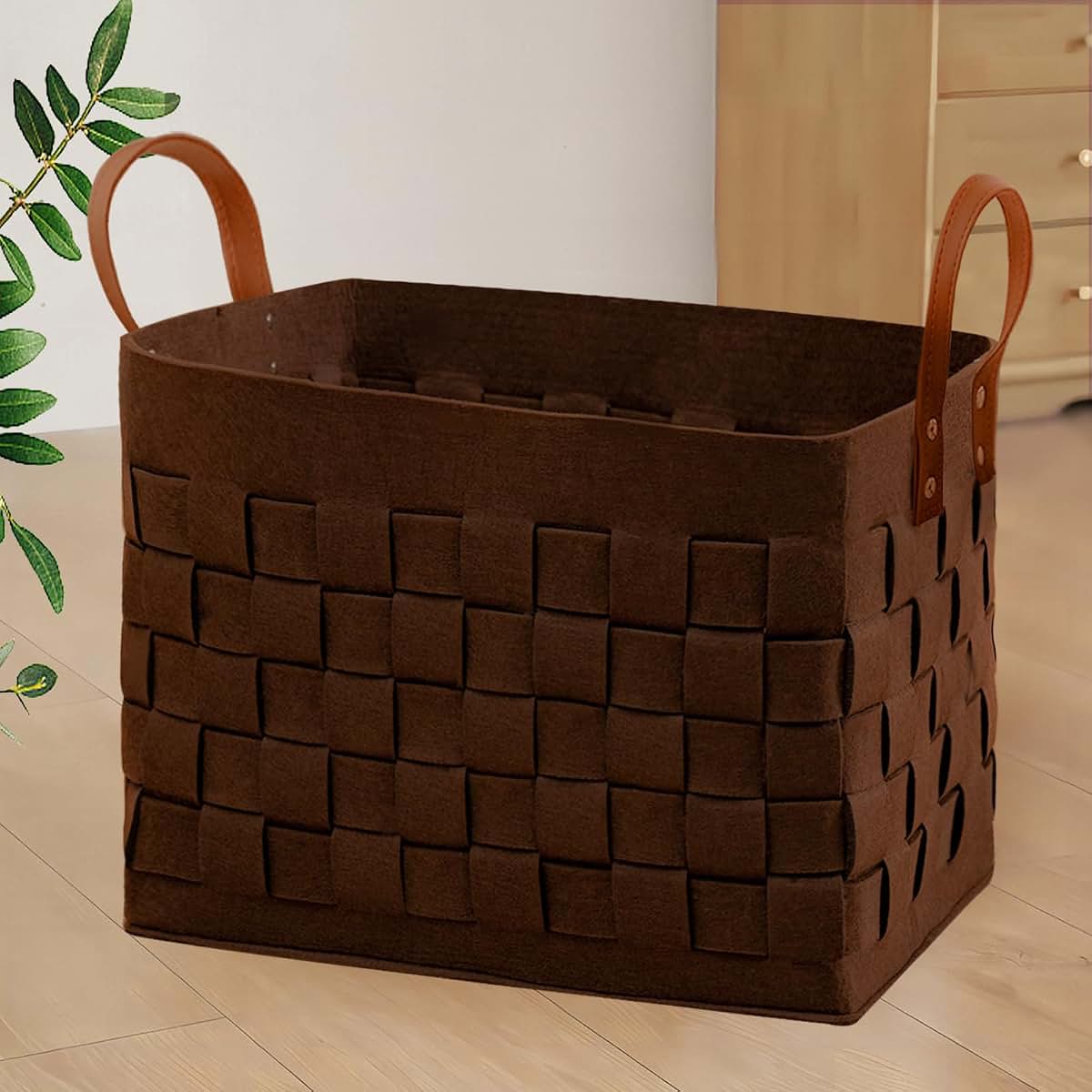 boldmonkey Laundry Basket 16.5 " x13 x13 , Large Rectangular Felt Fabric Blanket Basket with Leather Handle, Dirt