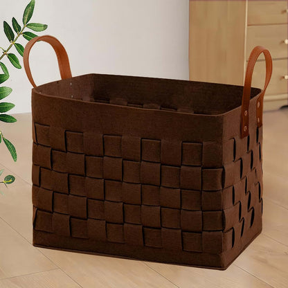 boldmonkey Laundry Basket 16.5 " x13 x13 , Large Rectangular Felt Fabric Blanket Basket with Leather Handle, Dirt