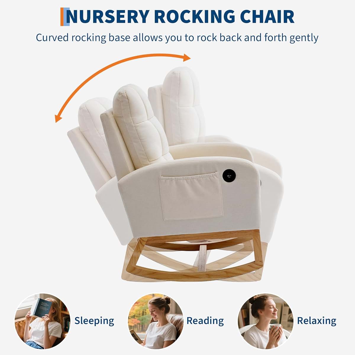 Amenitlif Nursery Rocking Chair With Side Pocket And Wood Legs (photo 2)