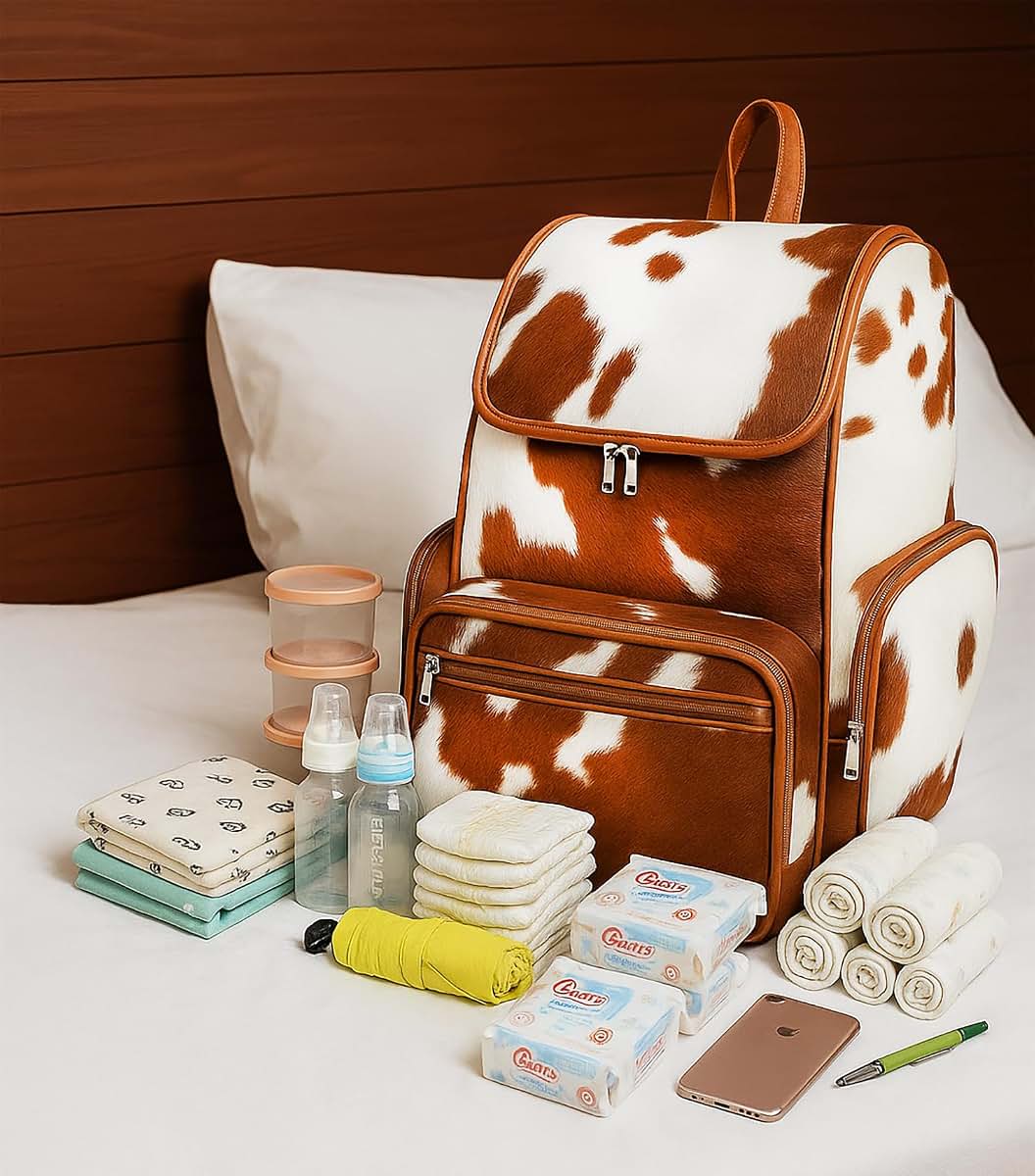 LP-FACON Cowhide Hair Print Fur Leather Diaper Backpack (photo 3)