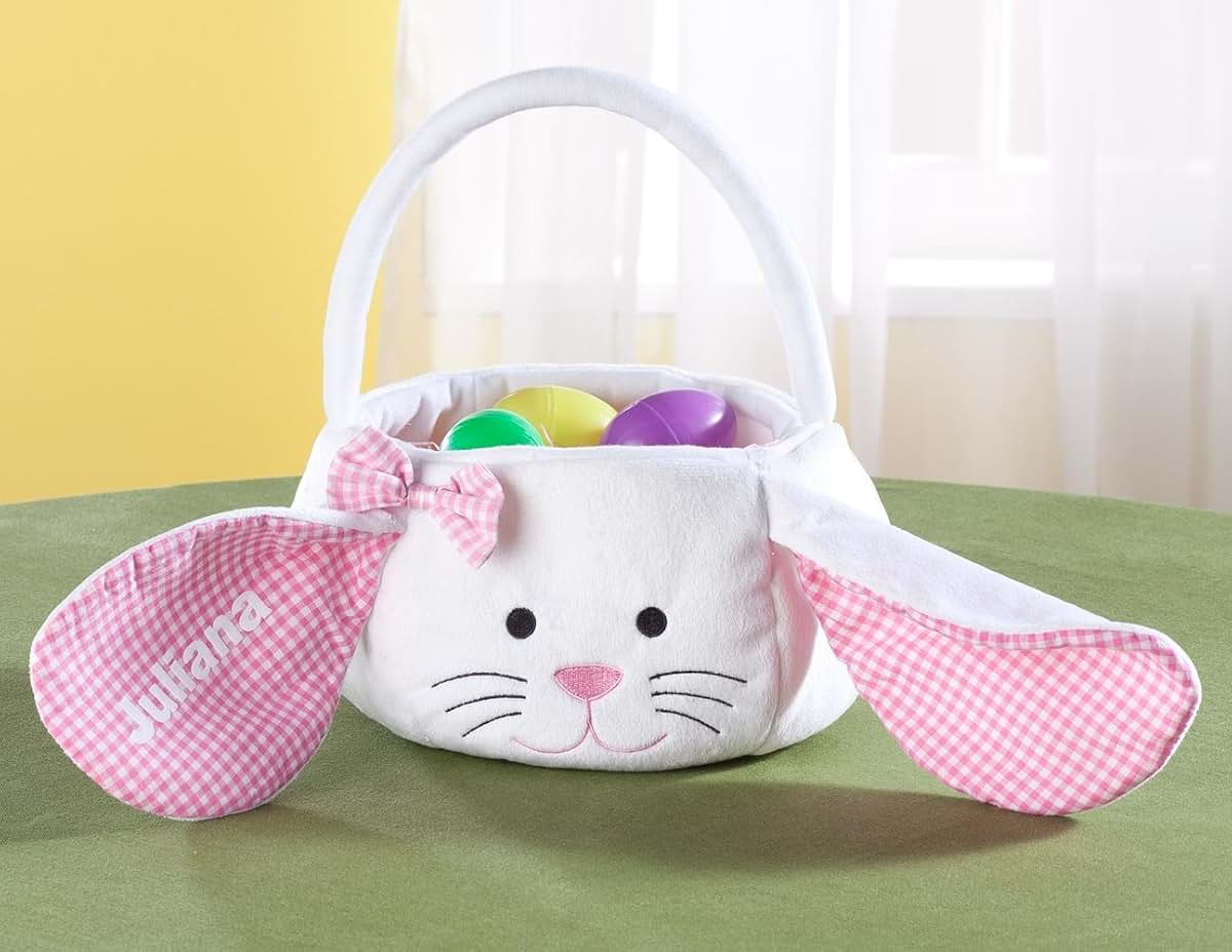Fox Valley Traders Personalized Kids Easter Basket, Plush White Bunny with Floppy Gingham Ears (photo 2)