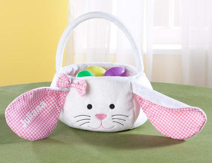 Fox Valley Traders Personalized Kids Easter Basket, Plush White Bunny with Floppy Gingham Ears (photo 2)