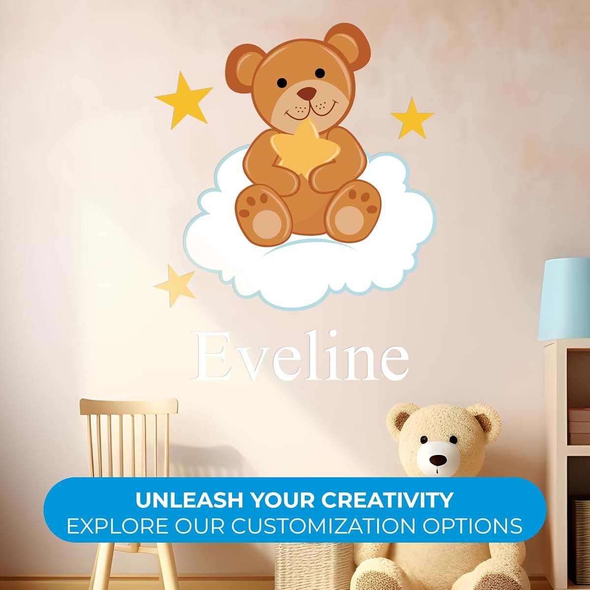 BabyOneStop Custom Name Teddy Bear Cloud and Stars Wall Decal