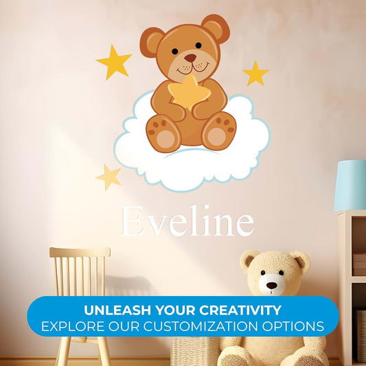 BabyOneStop Custom Name Teddy Bear Cloud and Stars Wall Decal
