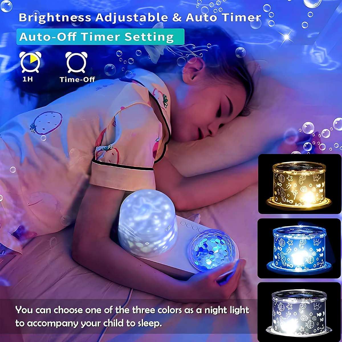 Ocean Kids Night Light Projector with 360° Rotation, 7 Theme Films & USB Power