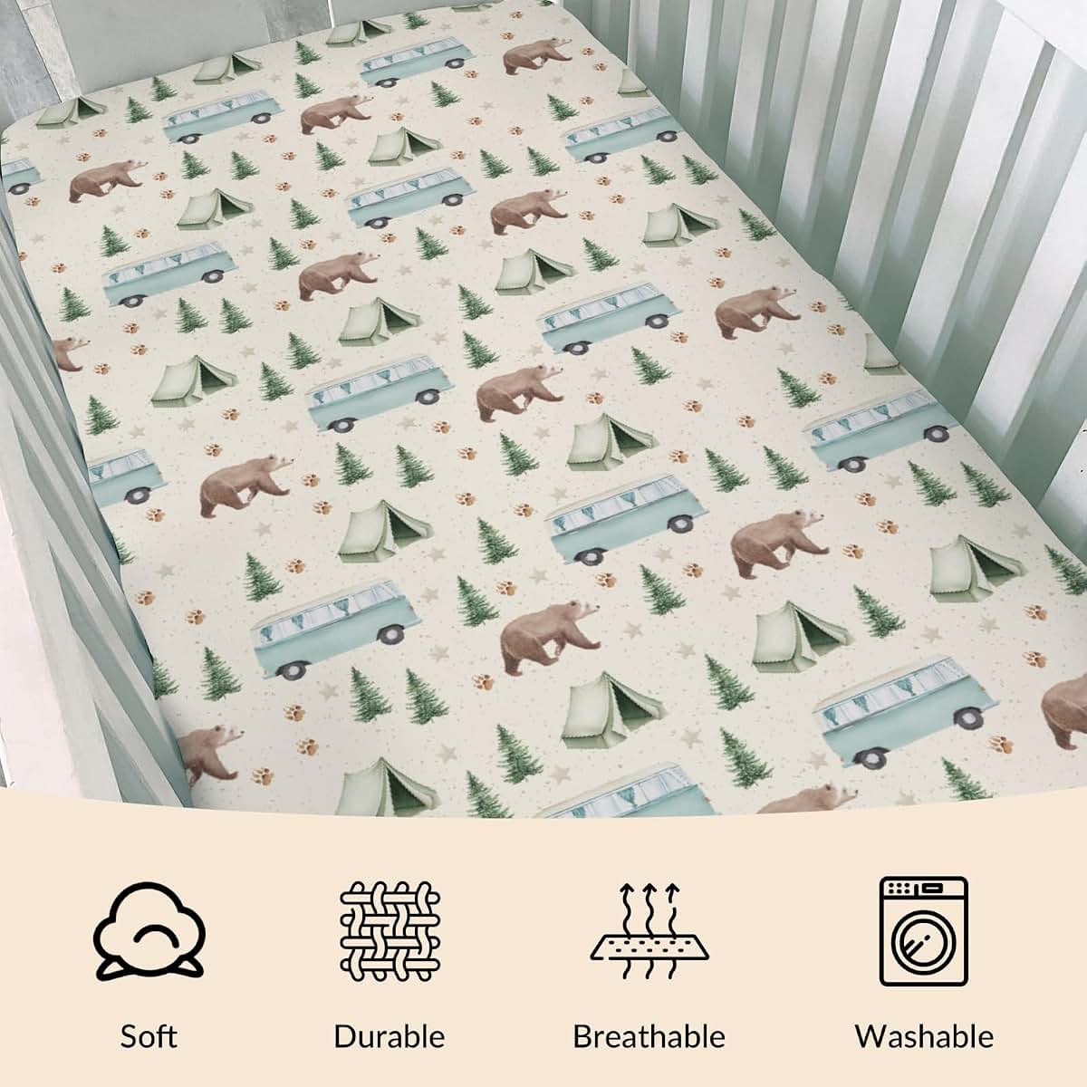 Cstdyfrv Camp Bear Bus Baby Crib Sheets Vintage Wild Bear Hiking Adventure Bedding (photo 3)
