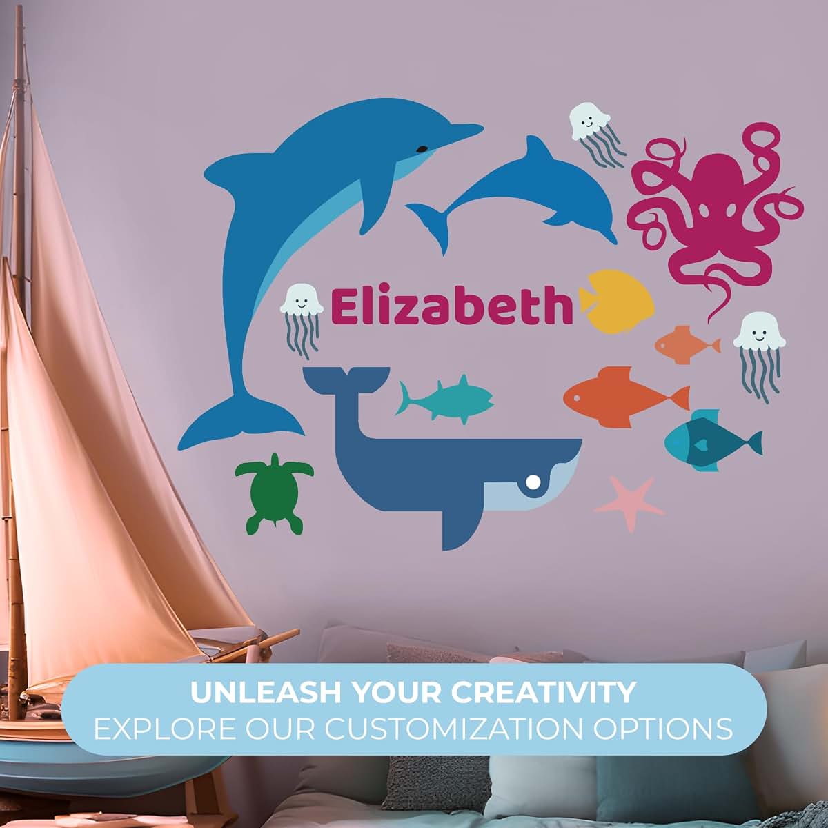 Cryptonite Custom Name Sea Animals Wall Decal For Nursery Decor