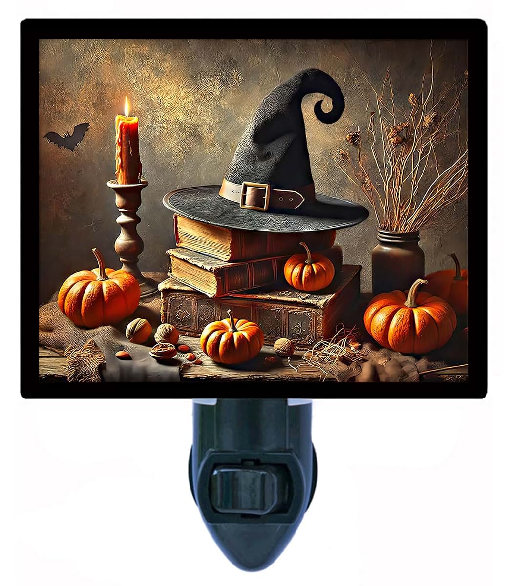 Night Light Designs Autumn Ritual Night Light– Halloween Witch Design, Fully Enclosed, Rotating Plug, Glass Front, 4