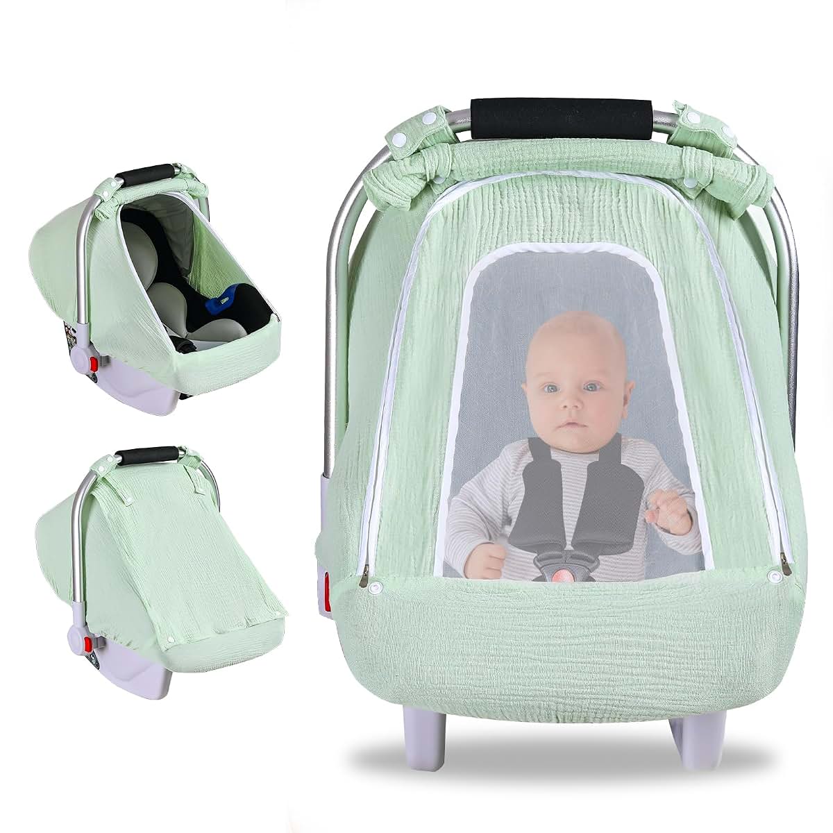 Nircho Muslin Baby Car Seat Cover with Mesh Peep Window, Pea Green