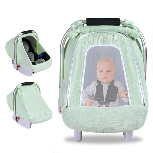 Nircho Muslin Baby Car Seat Cover with Mesh Peep Window, Pea Green