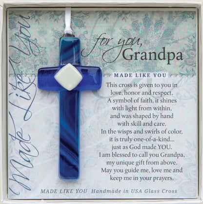 Handmade USA Blue Glass Cross Grandpa Gift in White Gift Box, 4 Inch