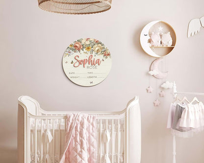 MEMOLEBIA Floral Baby Name Sign – Personalized Wooden Birth Announcement Plaque, Newborn Photo Prop, Baby Name Reveal