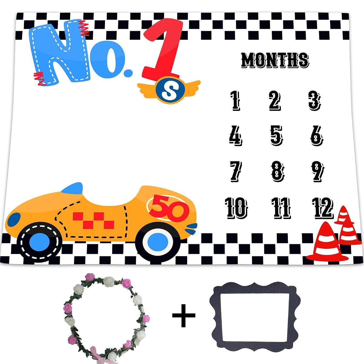 LUCKBTY Racing Car Milestone Blanket, 48x40 Inch Polyester Baby Growth Chart with Wreath & Frame