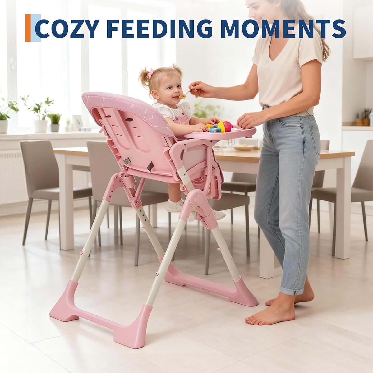 PeacefulHues Pink Foldable High Chair with Adjustable Height and Tray