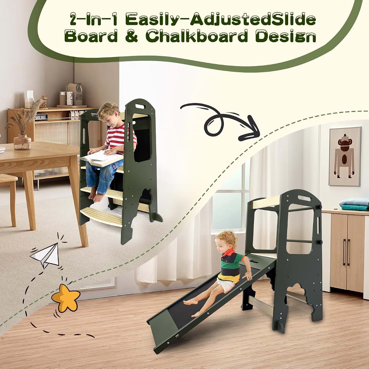 BabyOneStop Toddler Kitchen Step Stool With Removable Railing And Blackboard