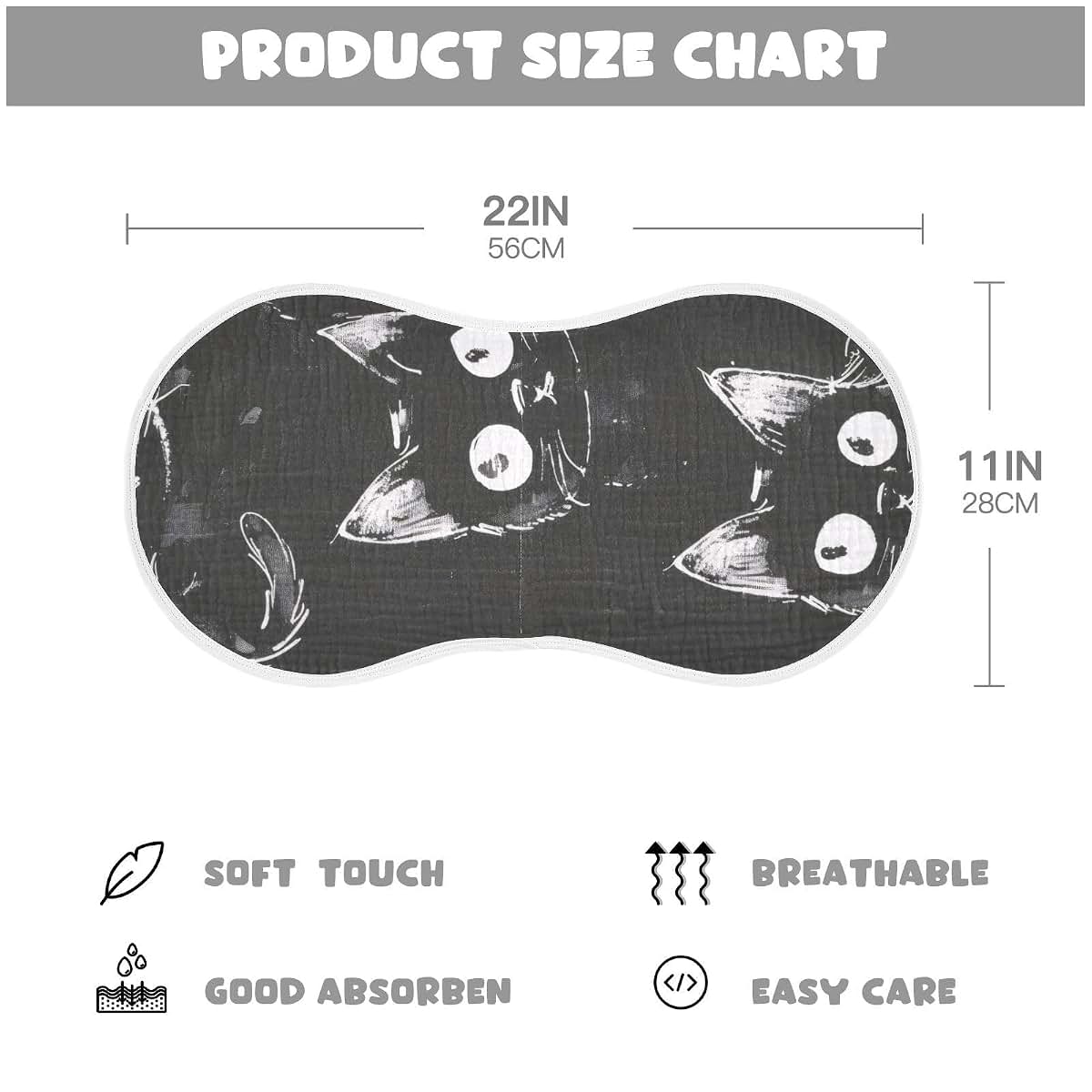 GOODOLD Black Little Kitty Muslin Baby Burp Cloths, 2 Pack, Cotton, 22x11 Inch