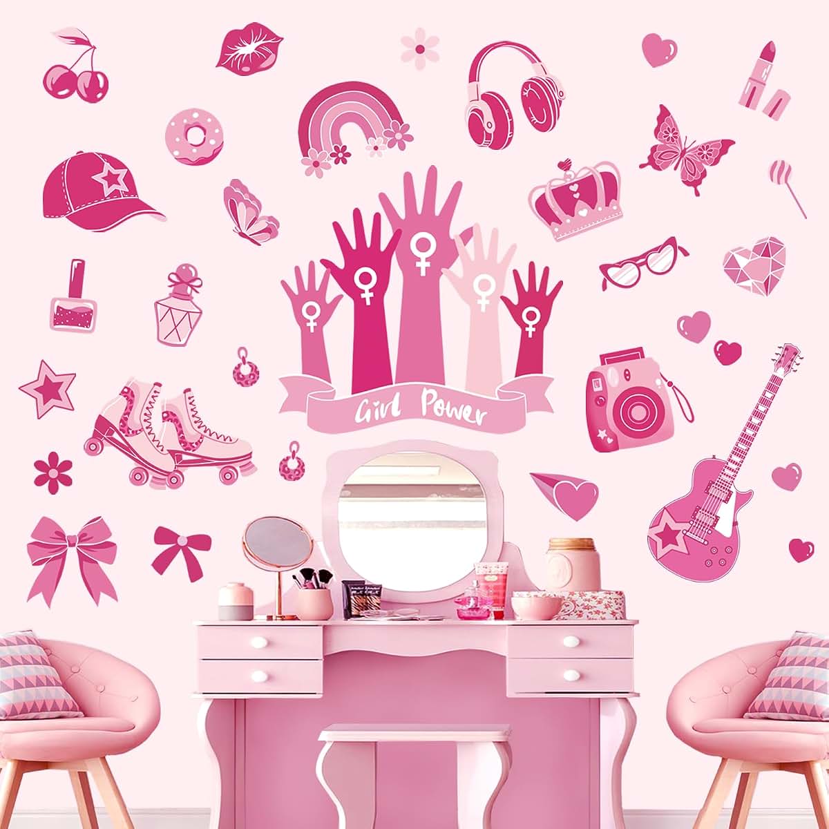 wondever Pink Girl Power Wall Decals Butterfly Bow Knot Wall Stickers