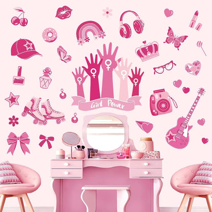 wondever Pink Girl Power Wall Decals Butterfly Bow Knot Wall Stickers