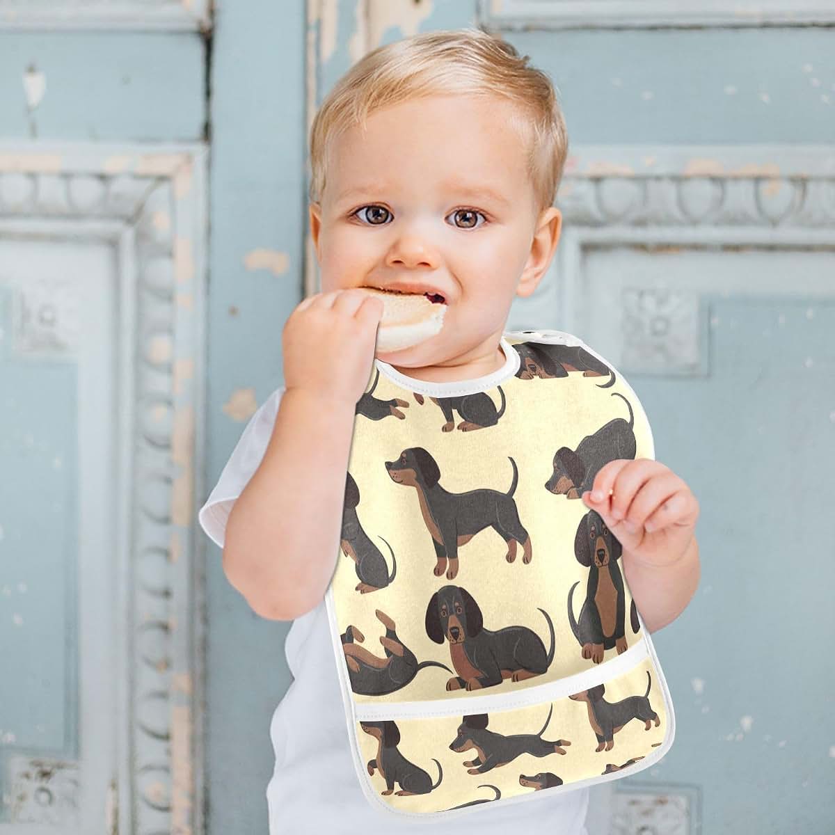 Waterproof Baby Bib with Food Catcher Pocket and Adjustable Snaps