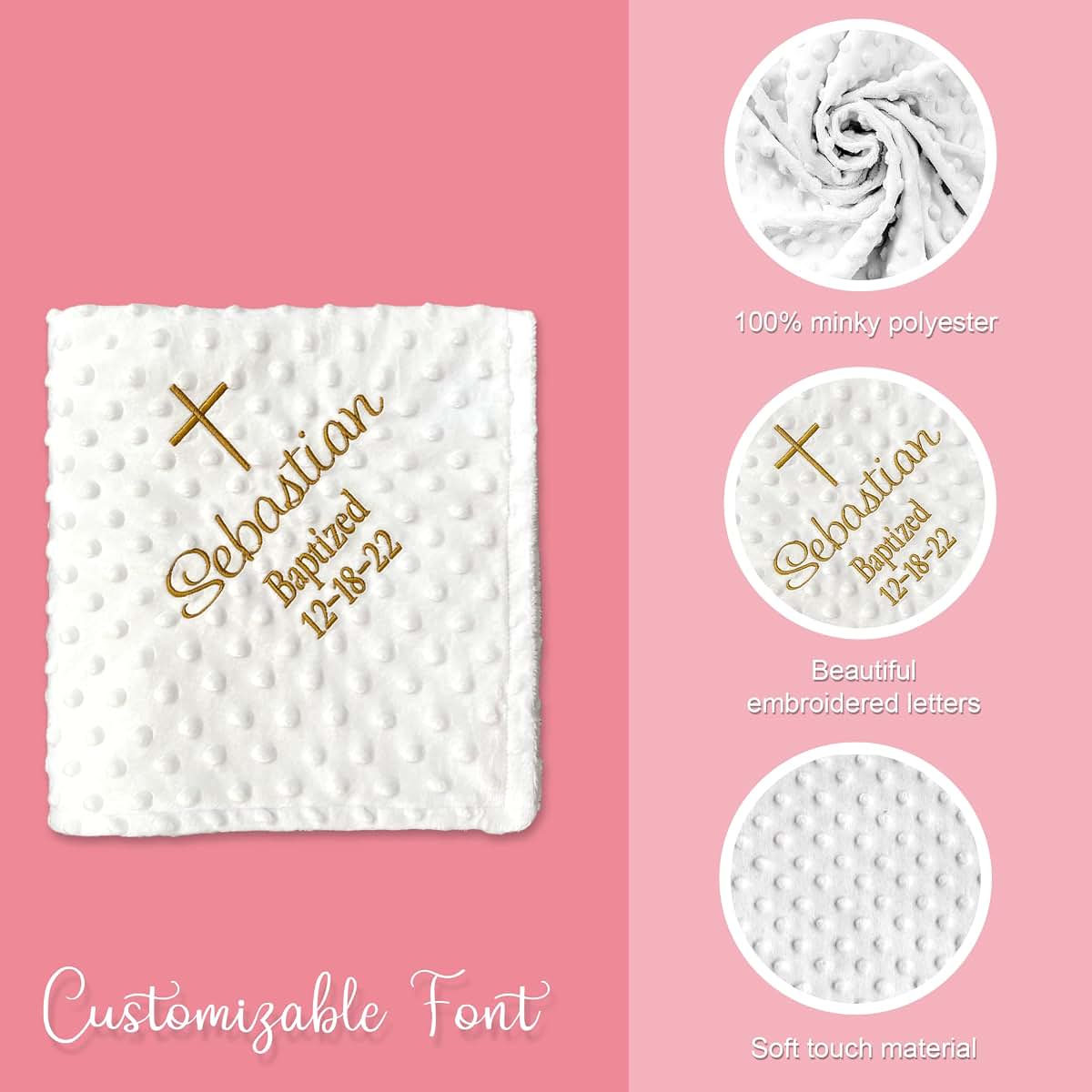 AleMir Fashion Baptism Blanket Personalized Baby Gifts – Luxurious Baptismal Gifts Textured Baby Blanket with Name