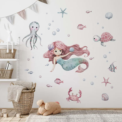Mfault Mermaid Under The Sea Wall Decals Stickers for Nursery and Kids Room Decor