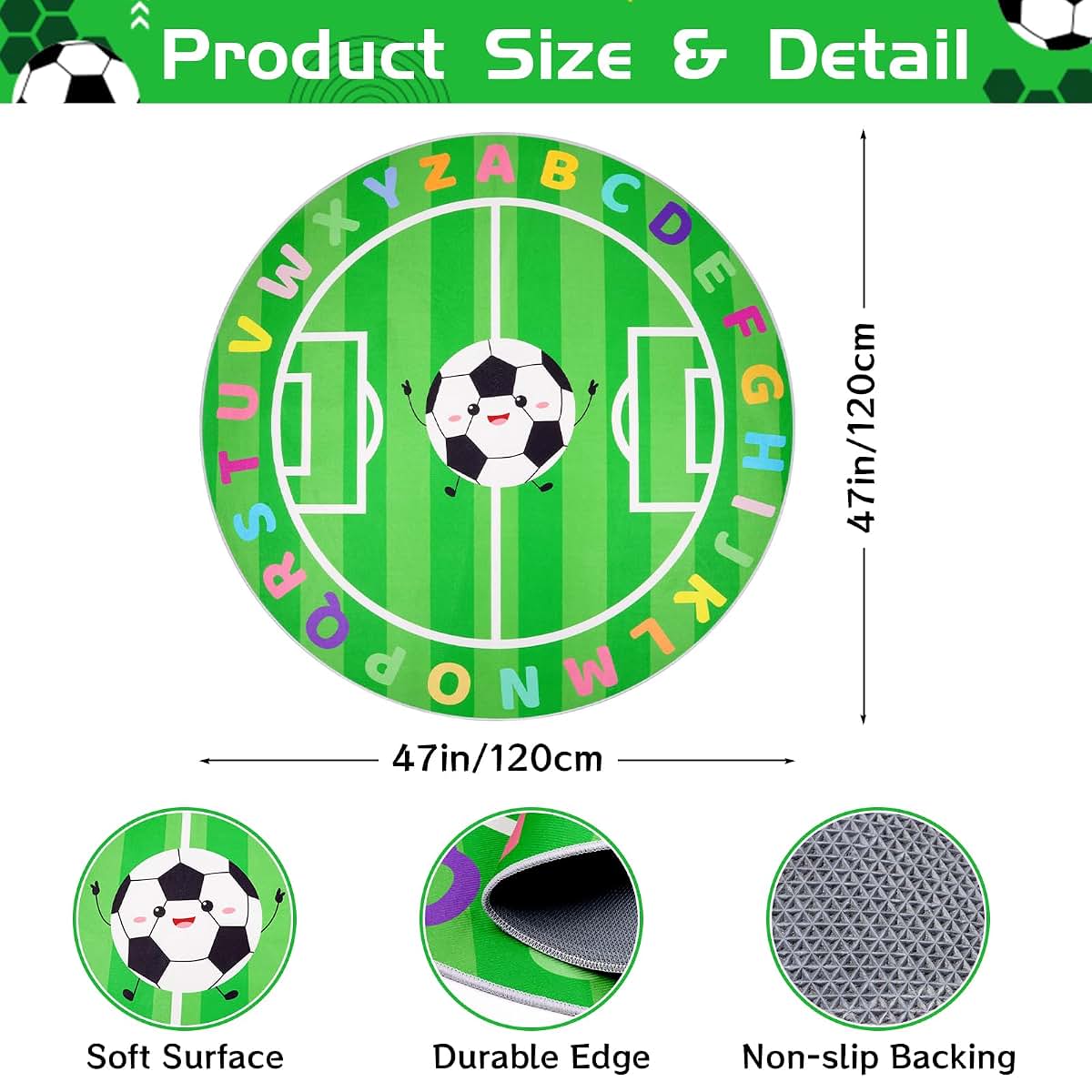 ZeffuLyne 4ft Round ABC Soccer Play Rug for Kids