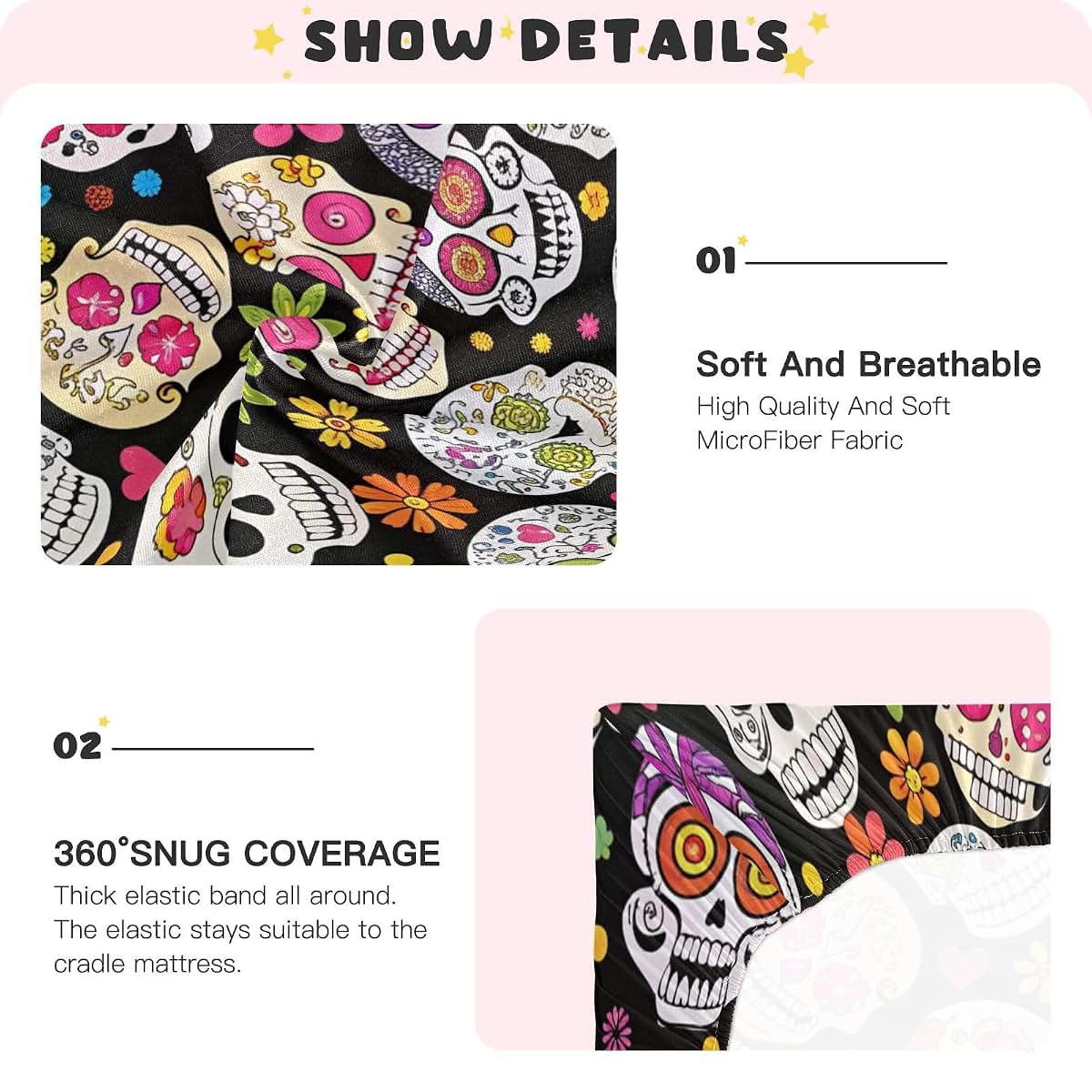 JUZIHAI Halloween Fitted Crib Sheet, Sugar Skull Pattern, 39x27 in