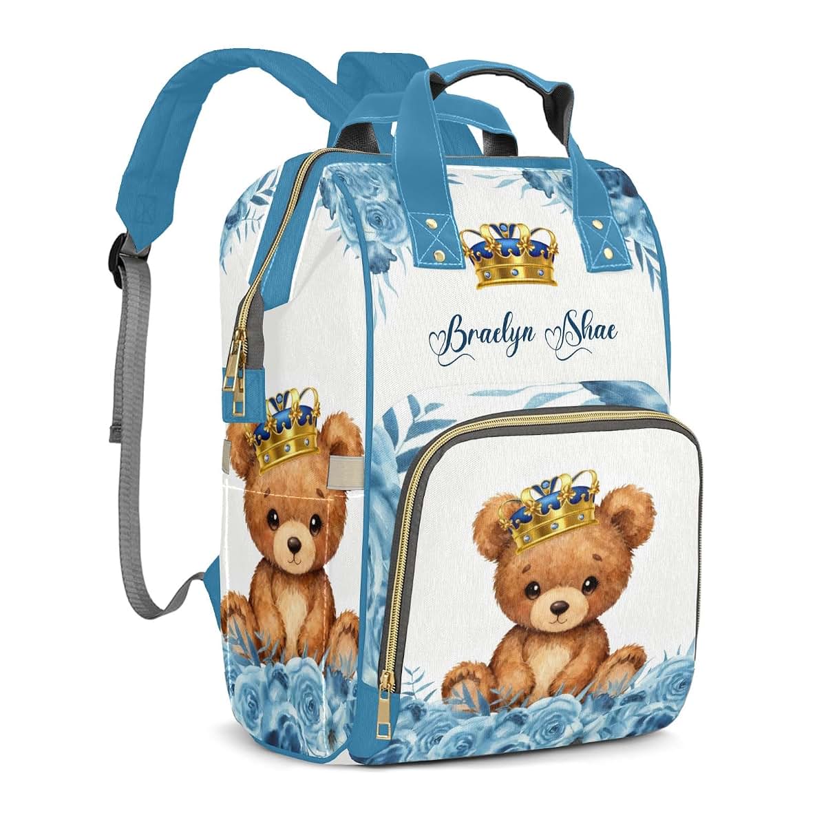 YallLocoMo Personalized Diaper Bag Backpack Name Gloden Crown Teddy Bear Waterclor Floral Multifunction Travel Backpack (photo 2)
