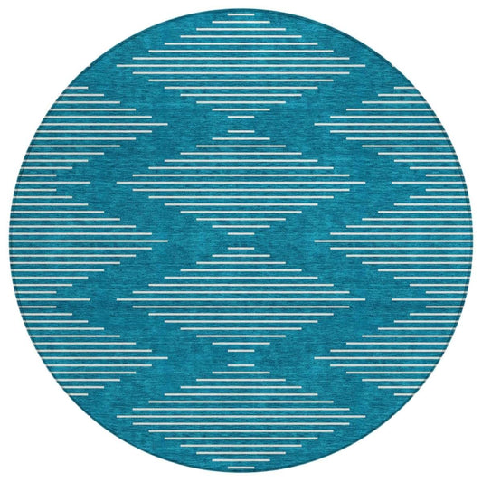 HomeRoots Teal Blue and Ivory 8 ft Round Geometric Washable Indoor Outdoor Area Rug