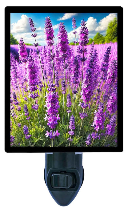 Night Light Designs Lavender in Bloom Night Light – Floral Landscape Design, Fully Enclosed, Rotating Plug, Glass