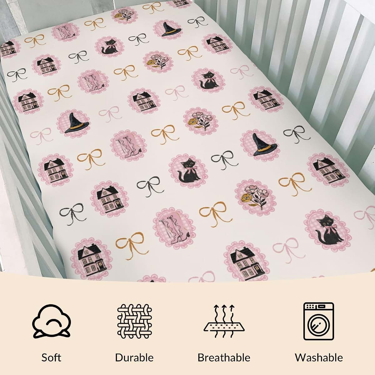 Cstdyfrv Pink Halloween Cat Witch Fitted Crib Sheet for Standard Mattresses (photo 3)