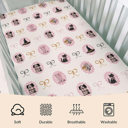Cstdyfrv Pink Halloween Cat Witch Fitted Crib Sheet for Standard Mattresses (photo 3)