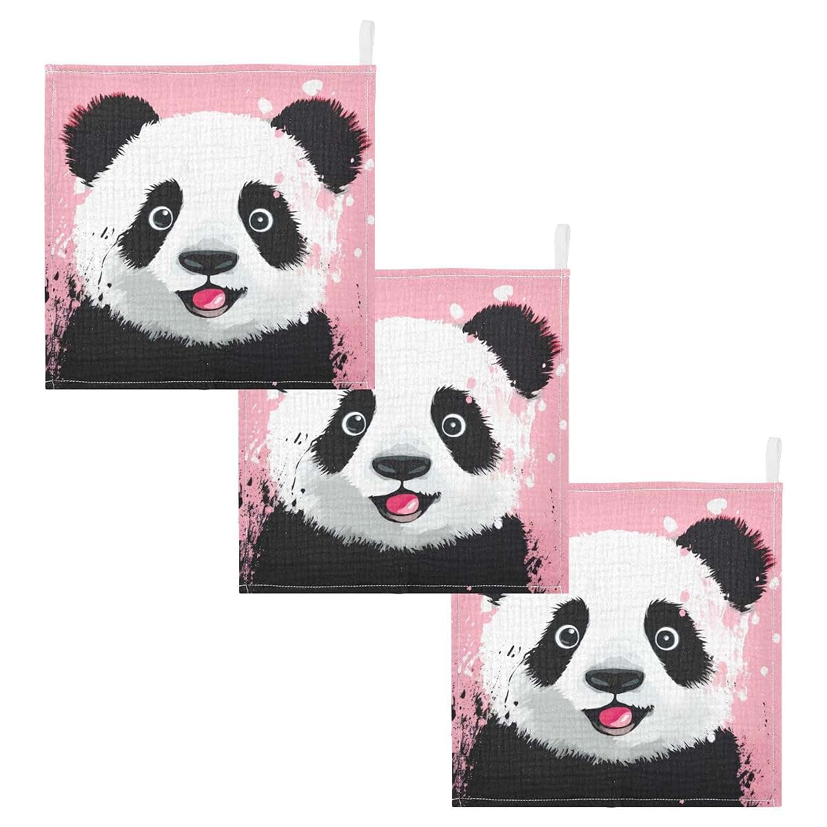 Cute Panda Pink Muslin Cotton Washcloths - 3 Pack Face Towels for Baby